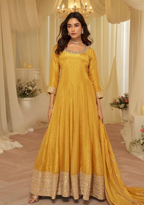Yellow Codding Dori And Sequence Work Silk Anarkali With Dupatta