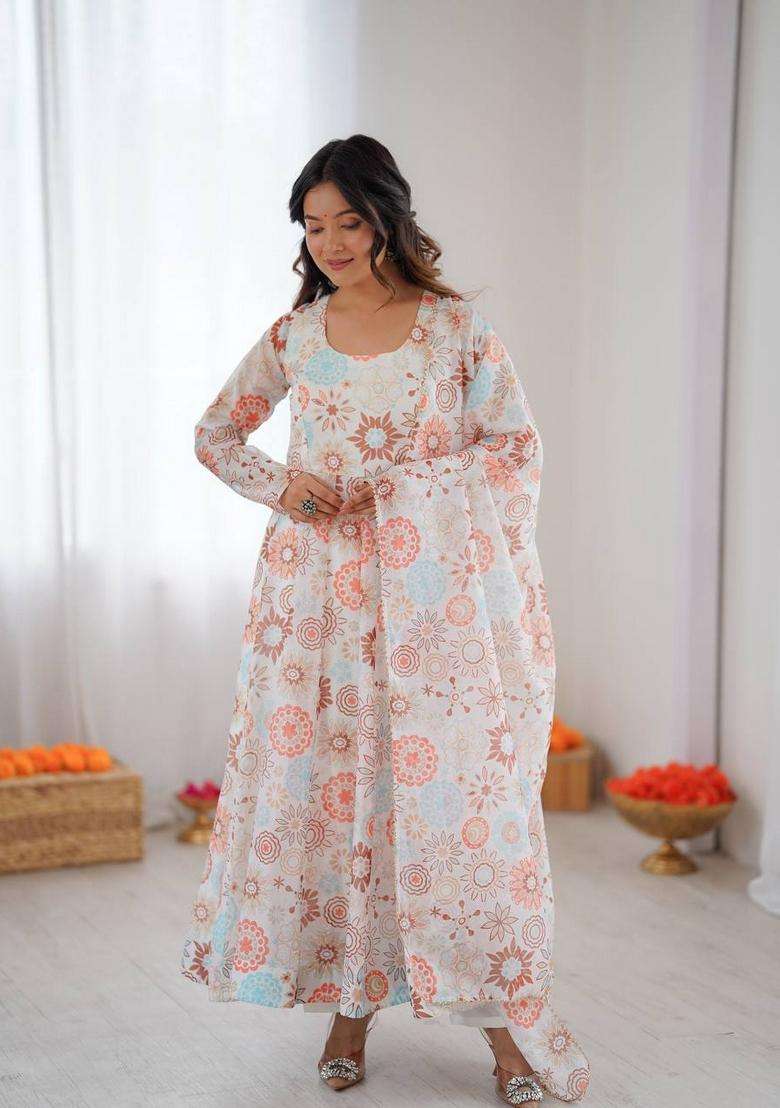 Off White Printed Silk Blend Anarkali Set - Indya