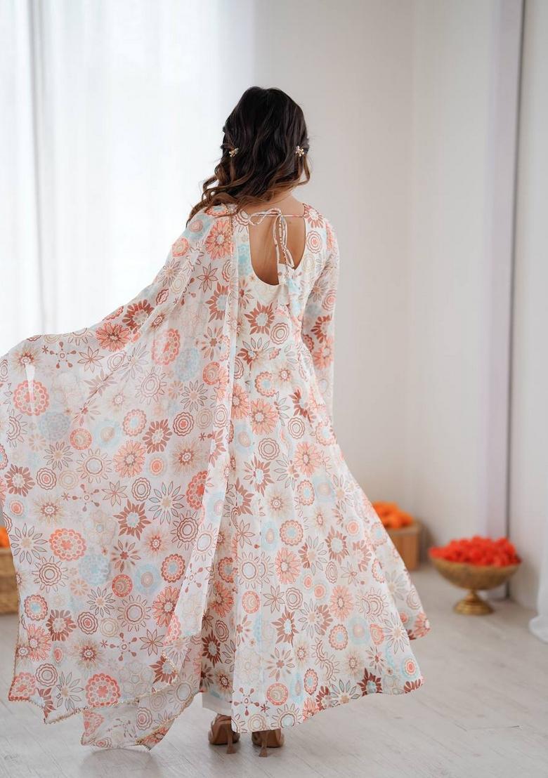 Off White Printed Silk Anarkali Set - Indya