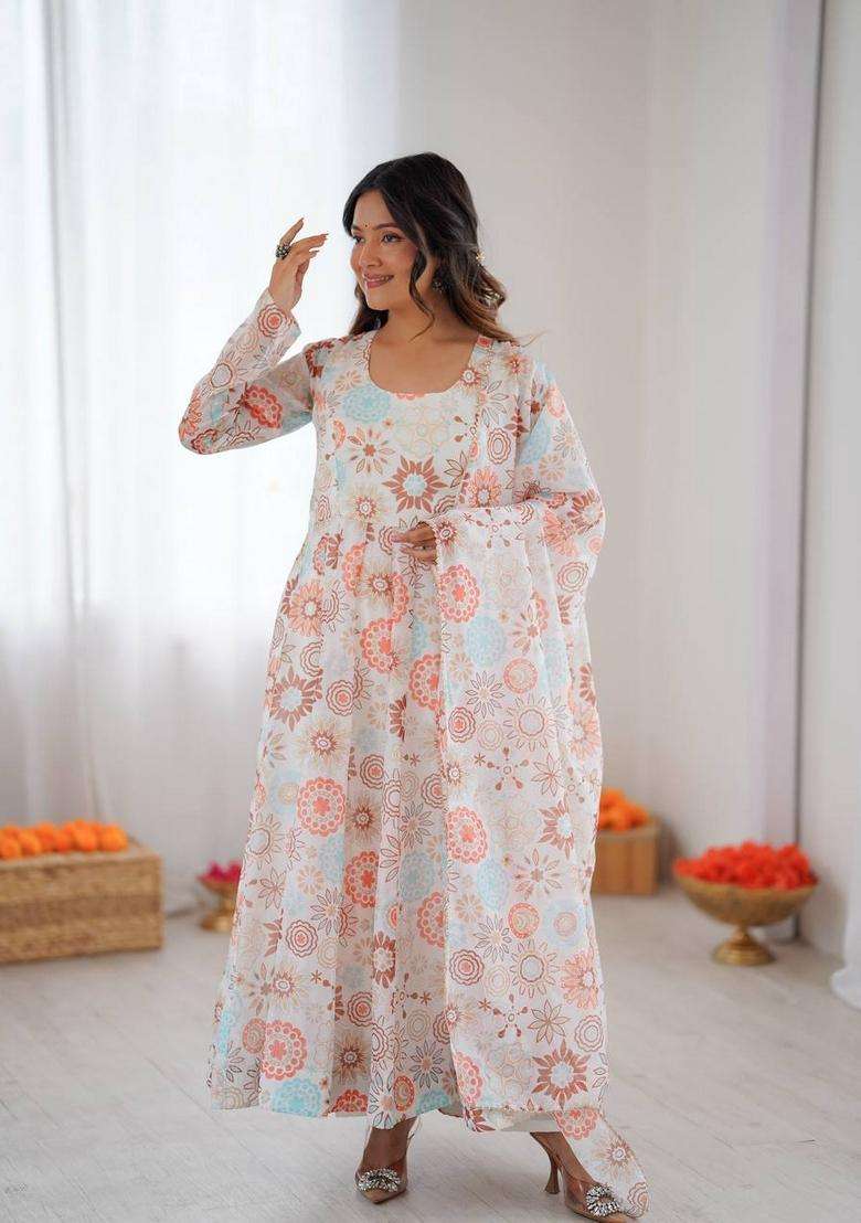 Off White Printed Silk Blend Anarkali Set - Indya
