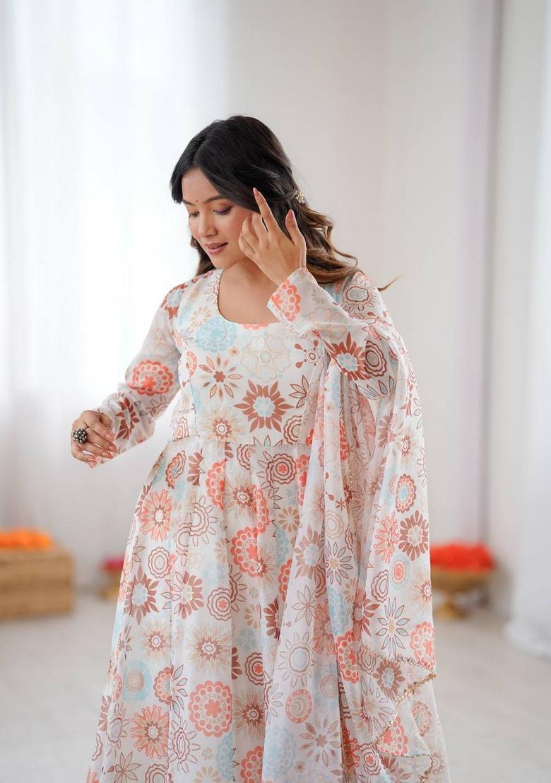 Off White Printed Silk Anarkali Set - Indya