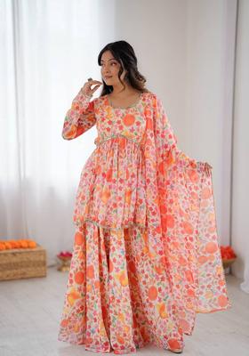 Orange Printed Silk Sharara Set