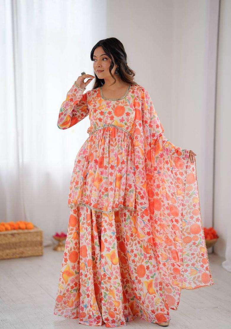 Orange Floral Print Silk Blend Anarkali Set - Indya