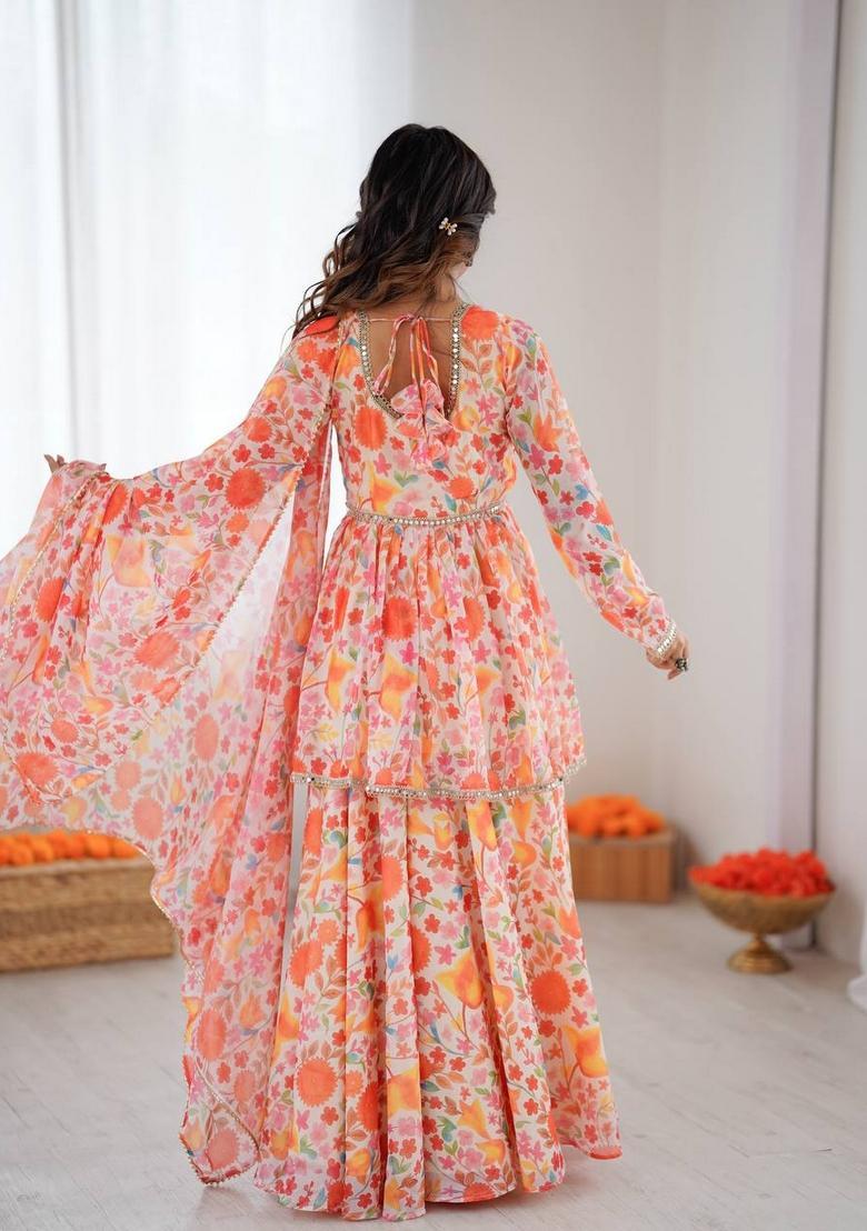 Orange Printed Silk Sharara Set - Indya