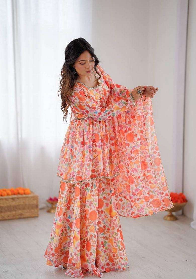 Orange Floral Print Silk Blend Anarkali Set - Indya