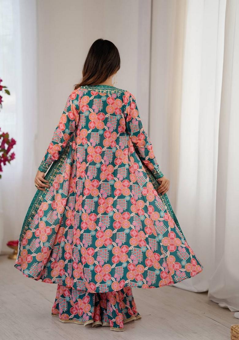 Teal Printed Silk Anarkali Set - Indya