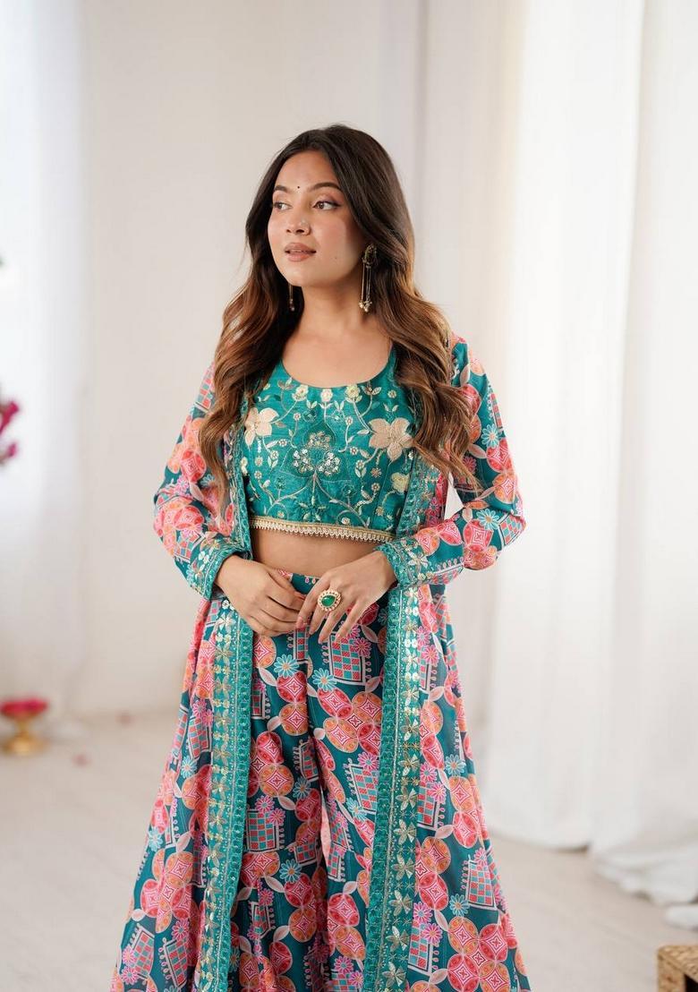 Teal Printed Silk Anarkali Set - Indya