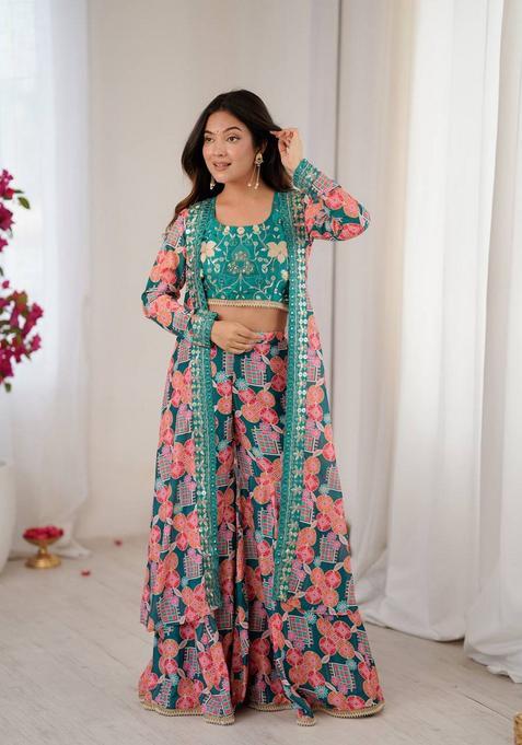 Teal Printed Silk Kurta Set