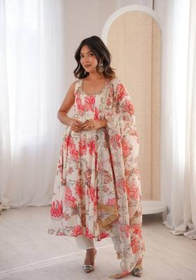 CreamÂ&nbsp; Printed Silk Anarkali Set