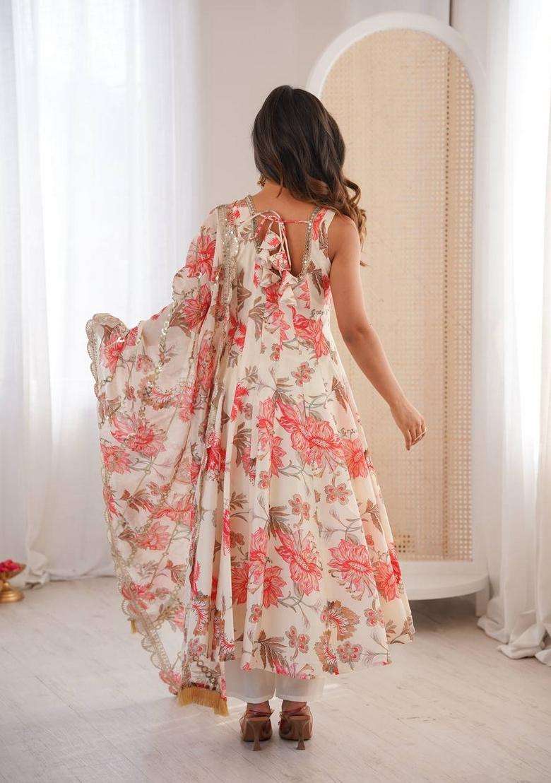 Creamâ&nbsp; Floral Print Silk Blend Anarkali Set - Indya