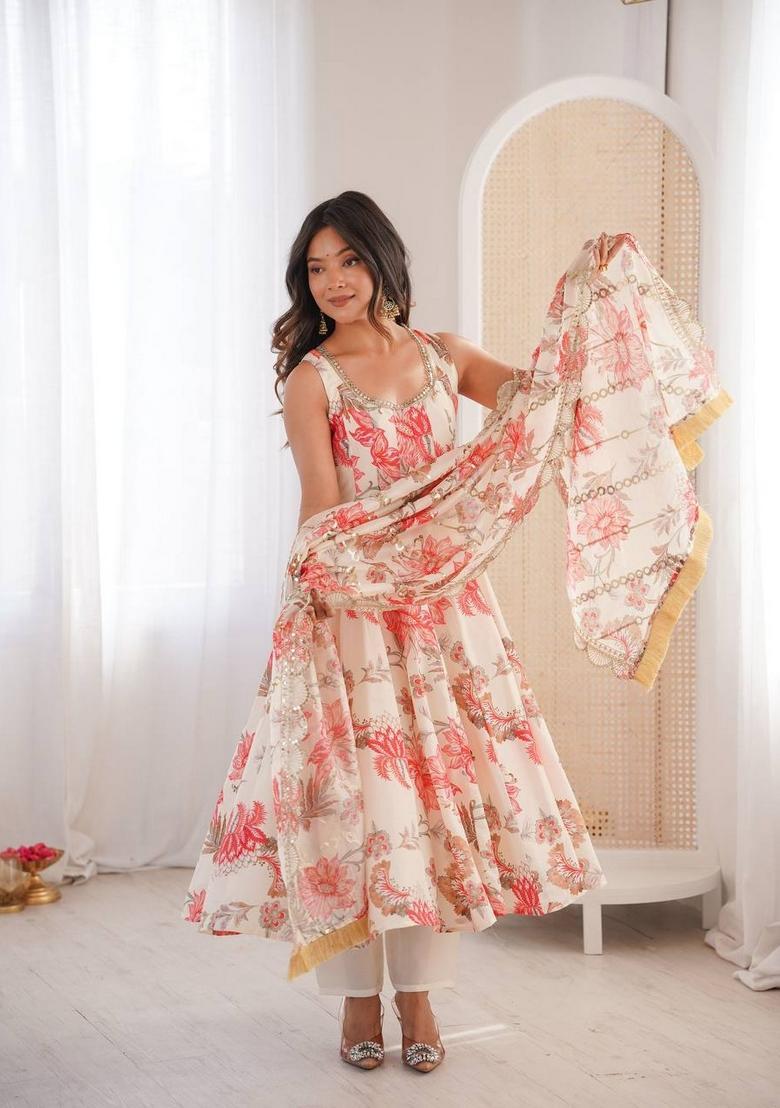 CreamÂ&nbsp; Printed Silk Anarkali Set - Indya
