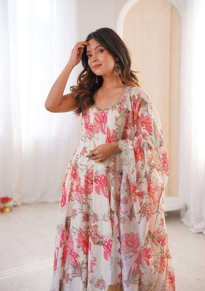 Creamâ&nbsp; Floral Print Silk Blend Anarkali Set - Indya