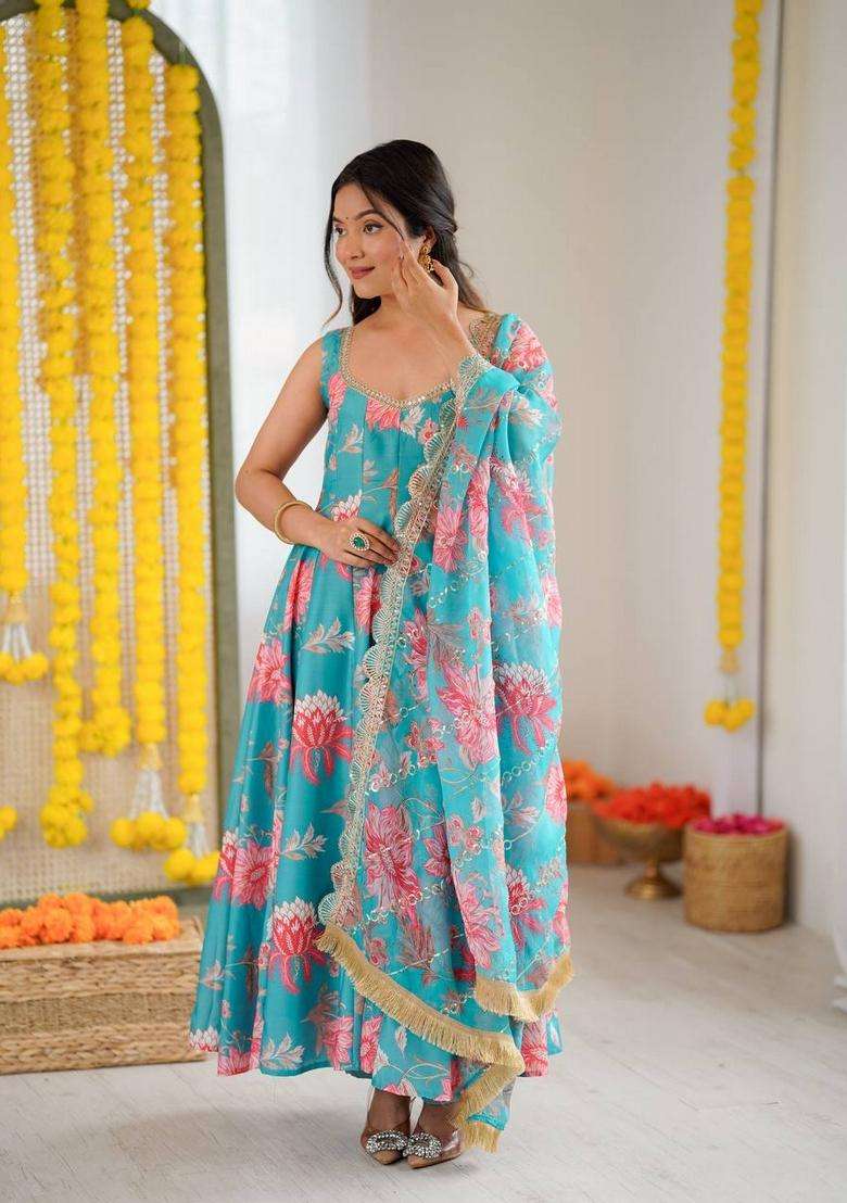 Teal Floral Print Silk Blend Anarkali Set - Indya