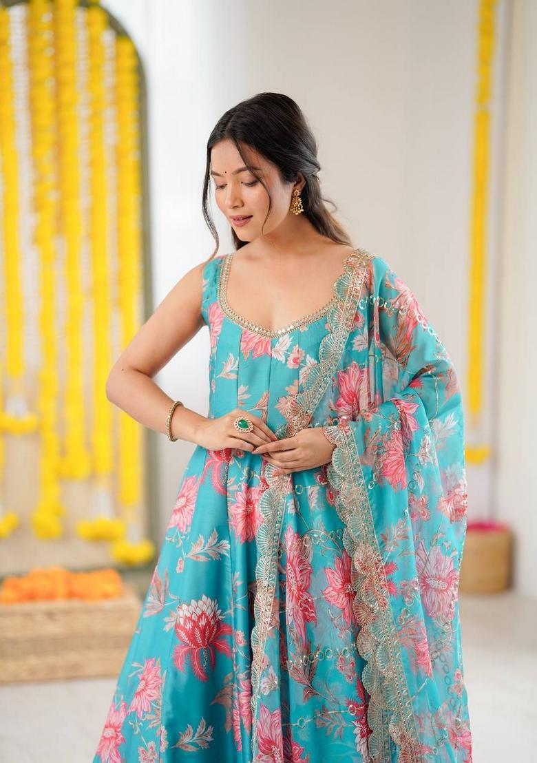 Teal Printed Silk Anarkali Set - Indya