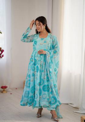 Sky Blue Printed Georgette Anarkali Set