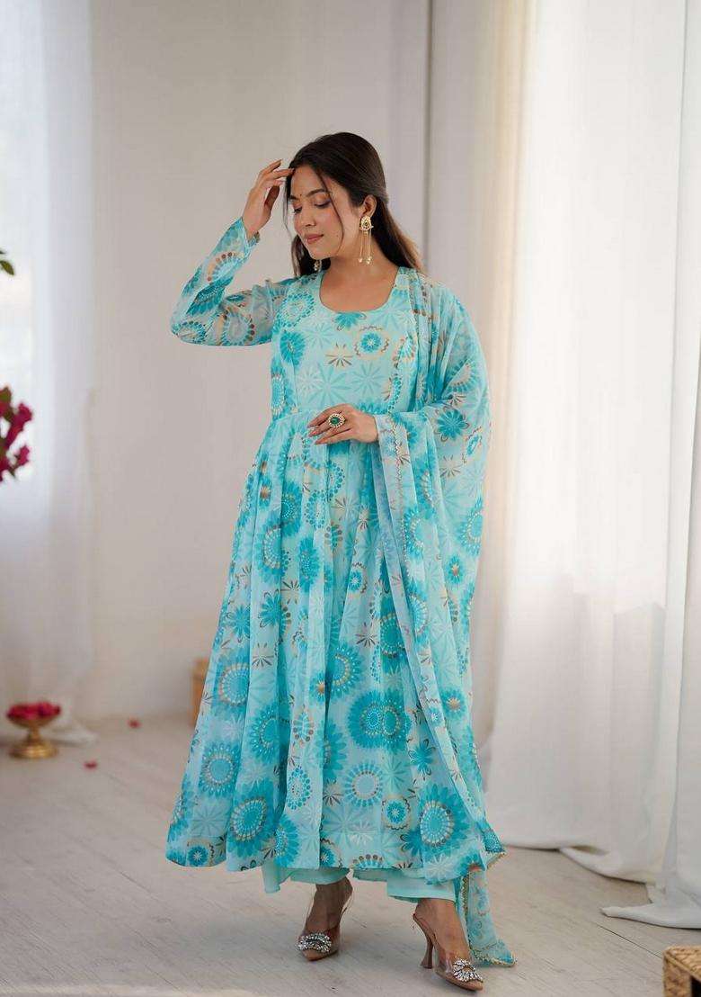 Sky Blue Printed Georgette Anarkali Set - Indya