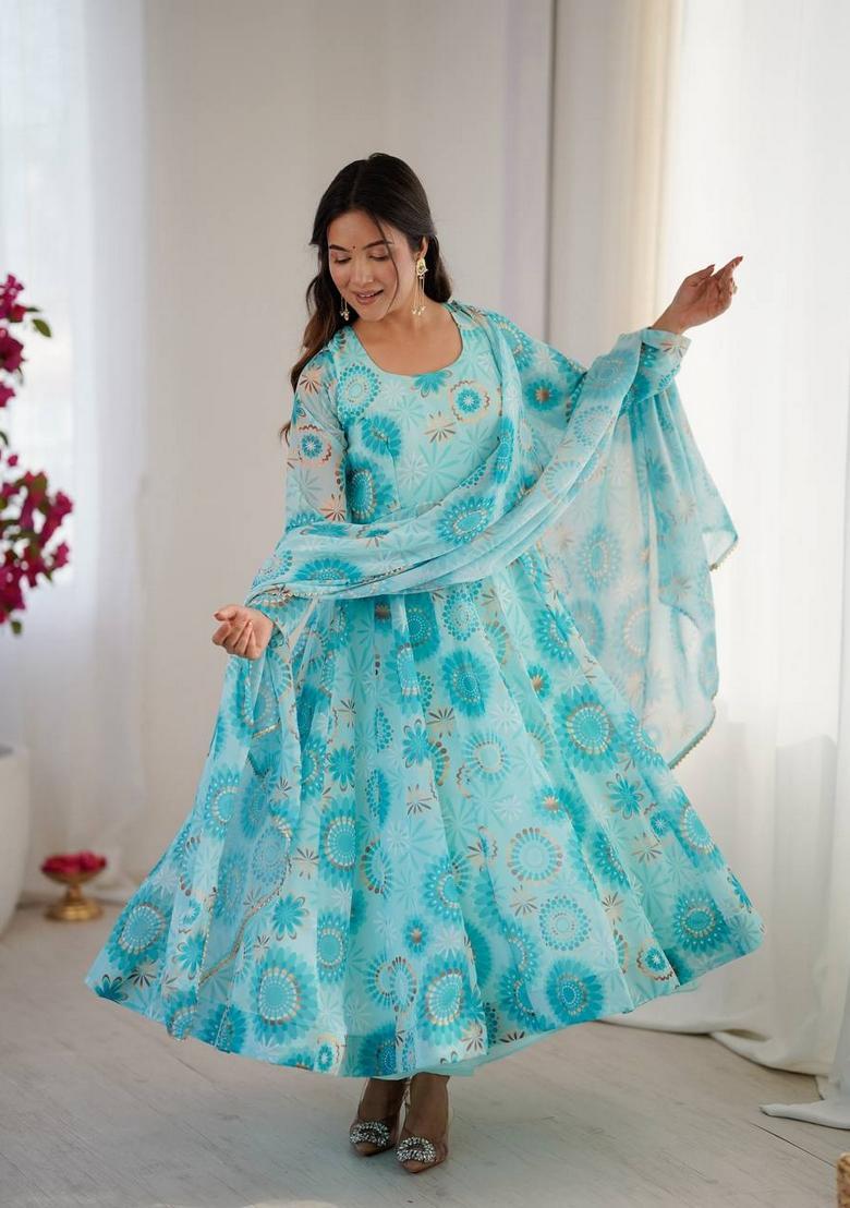 Sky Blue Printed Georgette Anarkali Set - Indya
