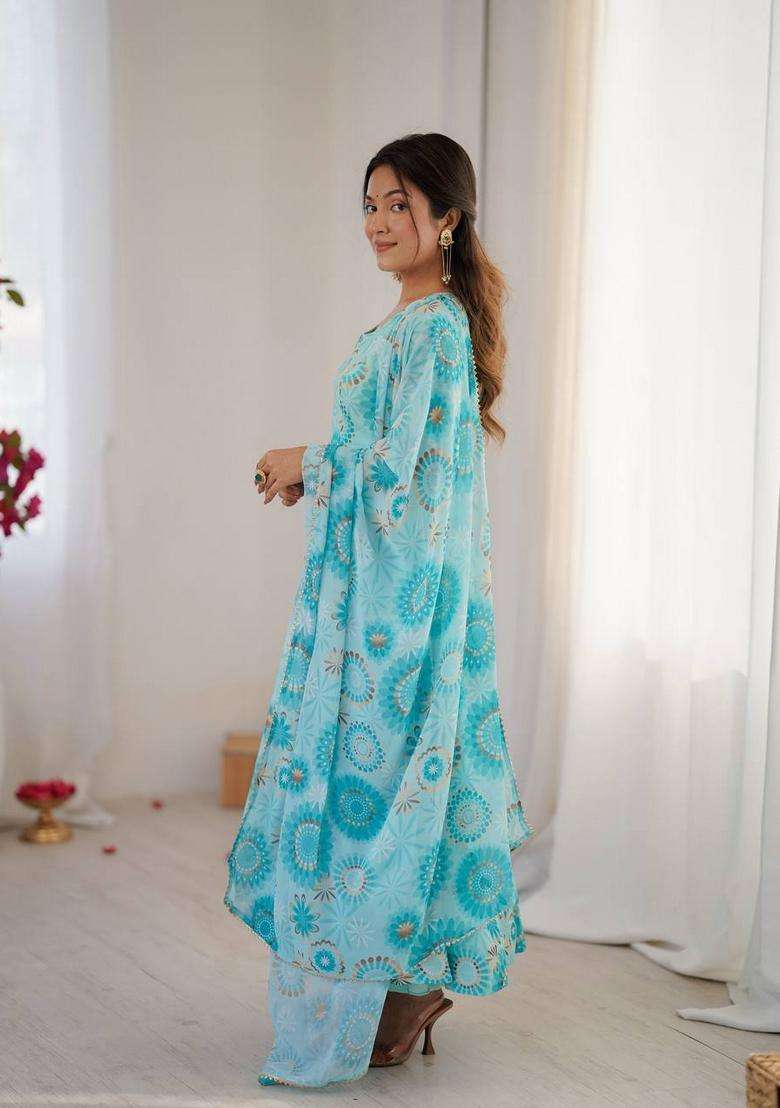 Sky Blue Printed Georgette Anarkali Set - Indya