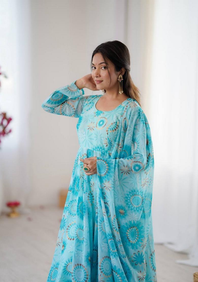 Sky Blue Printed Georgette Anarkali Set - Indya