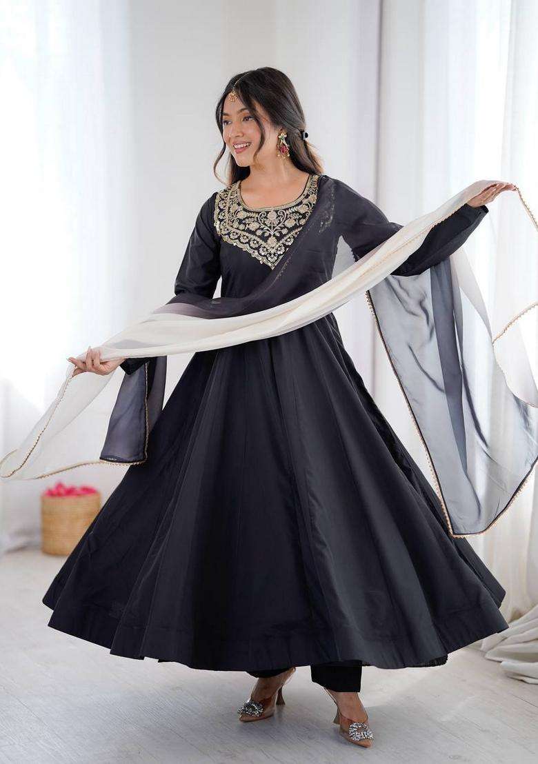 Black Embroidered Crepe Anarkali Set - Indya