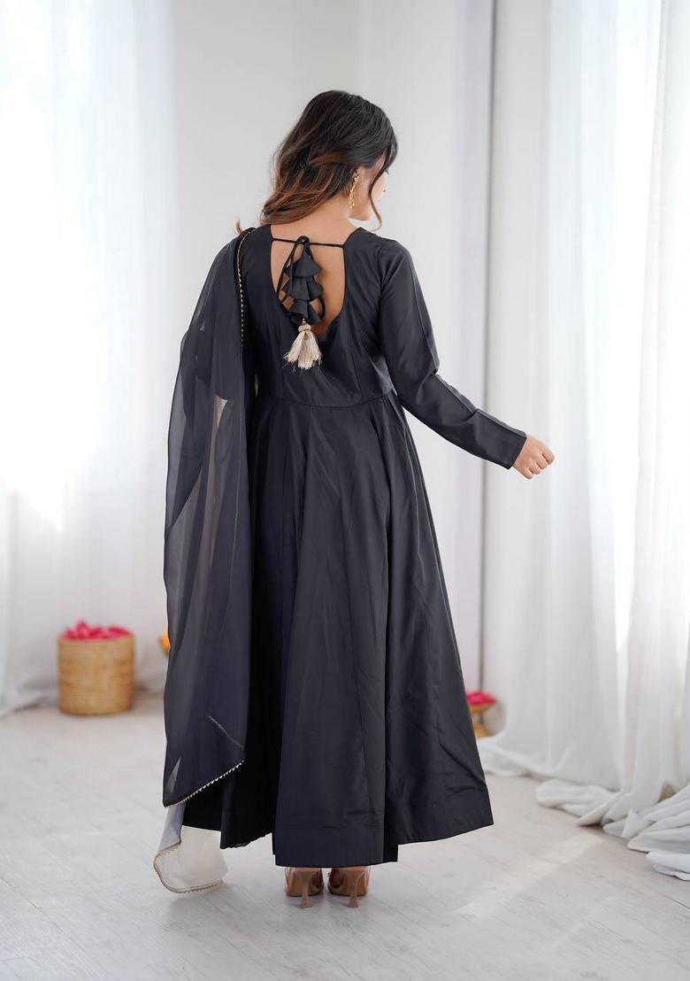 Black Embroidery French Crape Anarkali Set - Indya
