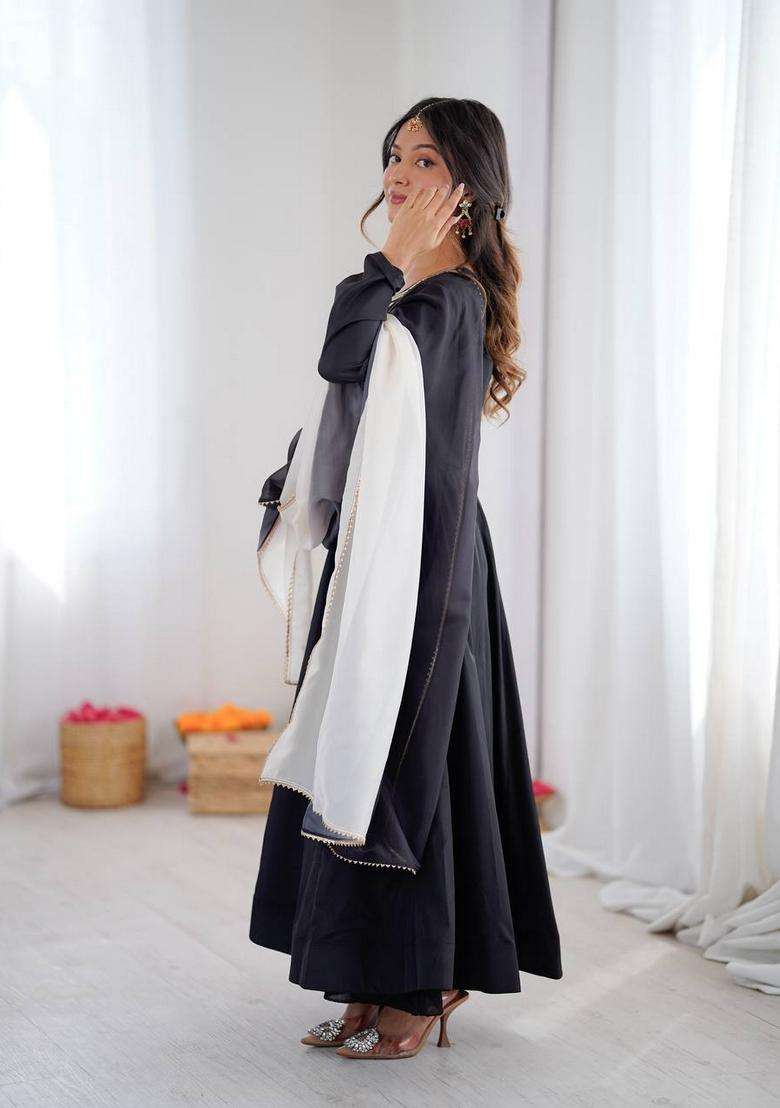 Black Embroidered Crepe Anarkali Set - Indya