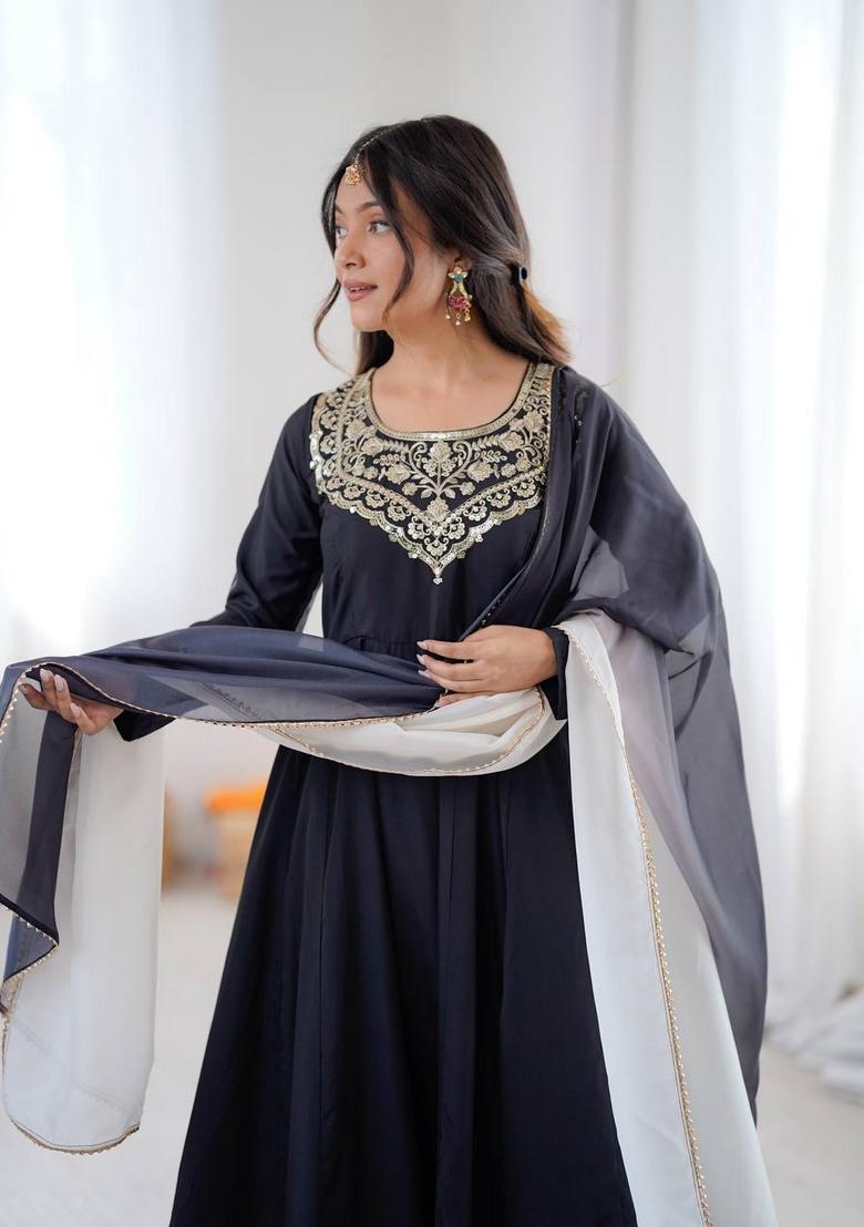 Black Embroidery French Crape Anarkali Set - Indya