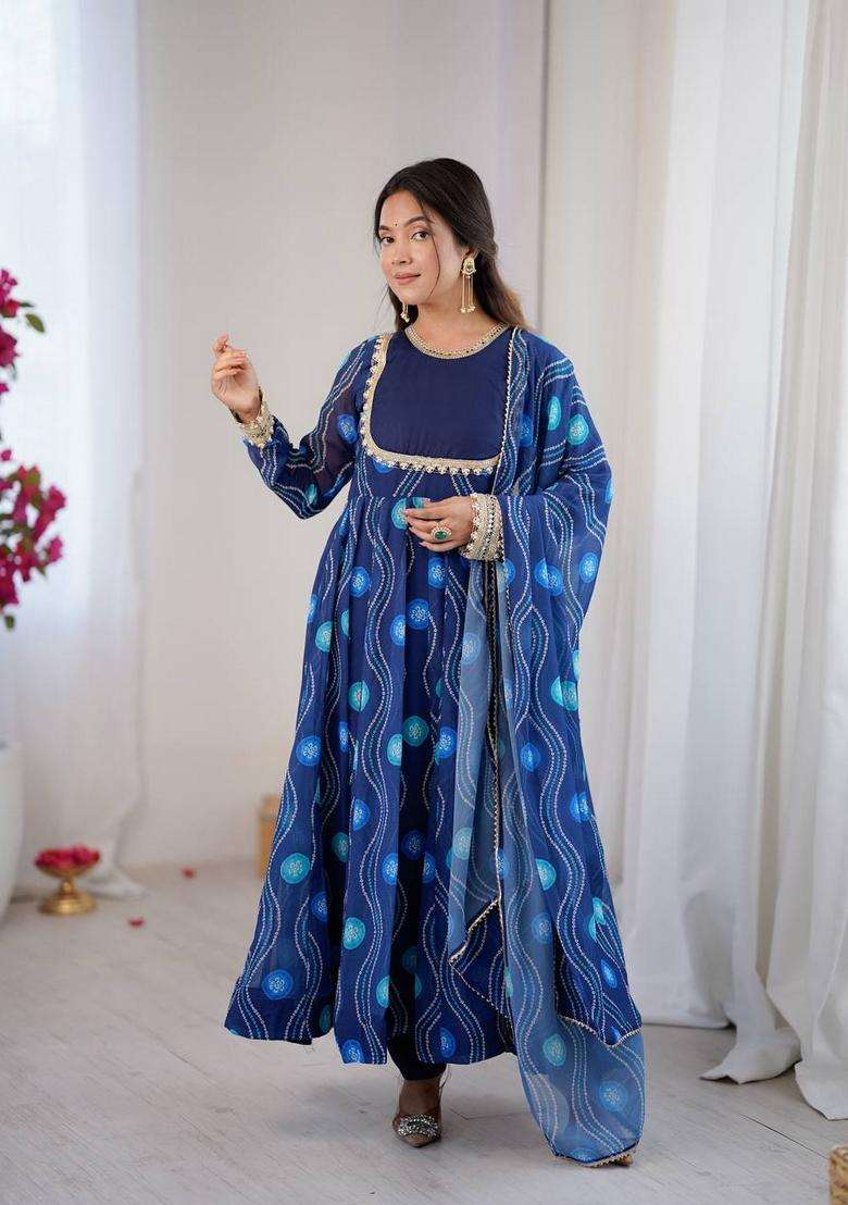 Blue Printed Georgette Anarkali Set - Indya