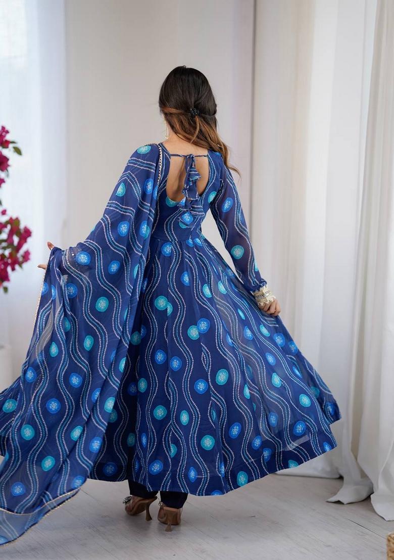 Blue Printed Georgette Anarkali Set - Indya