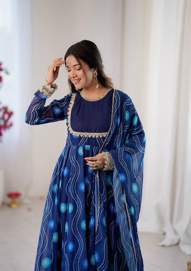 Blue Printed Georgette Anarkali Set - Indya