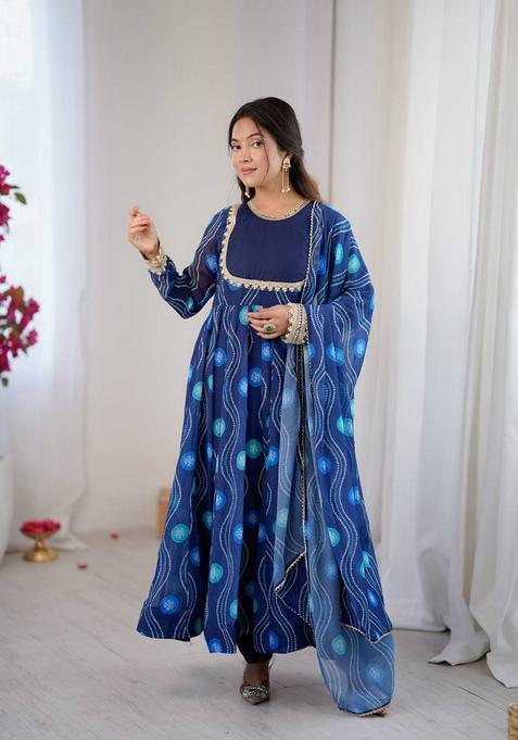 Blue Printed Georgette Kurta Set