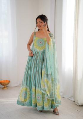 Green Printed Georgette Anarkali Set
