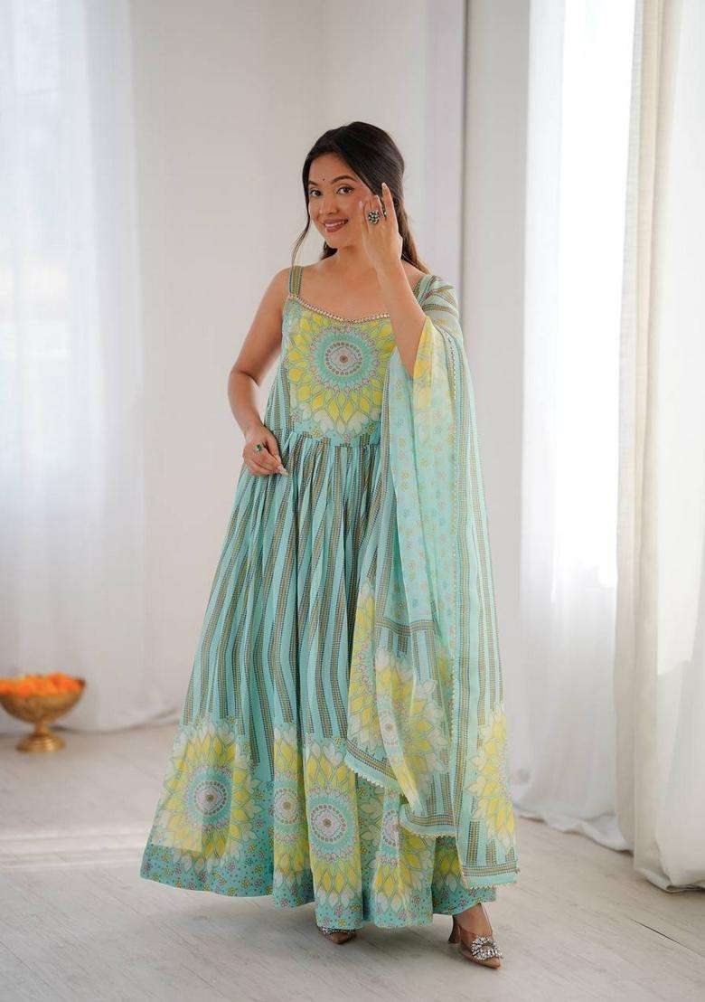 Green Printed Georgette Anarkali Set - Indya