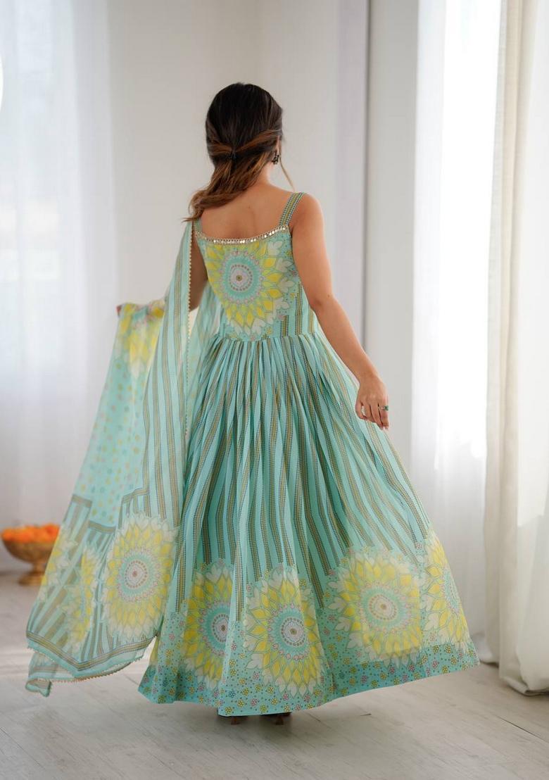 Green Printed Georgette Anarkali Set - Indya
