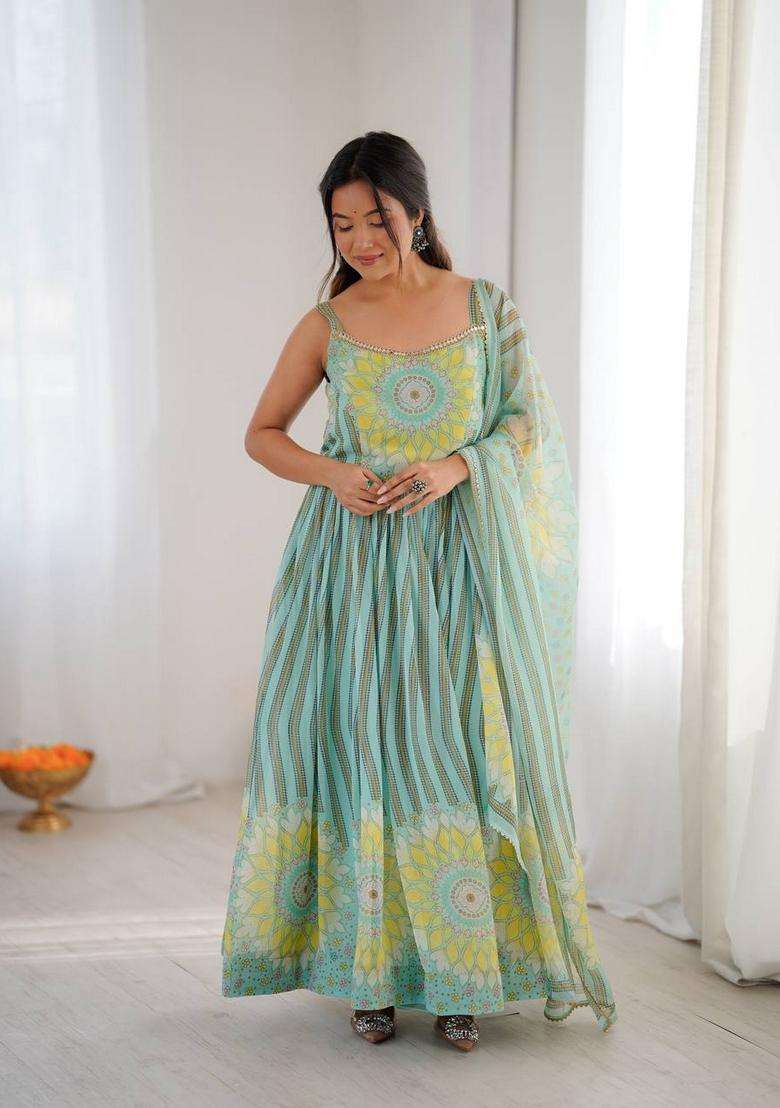 Green Printed Georgette Anarkali Set - Indya