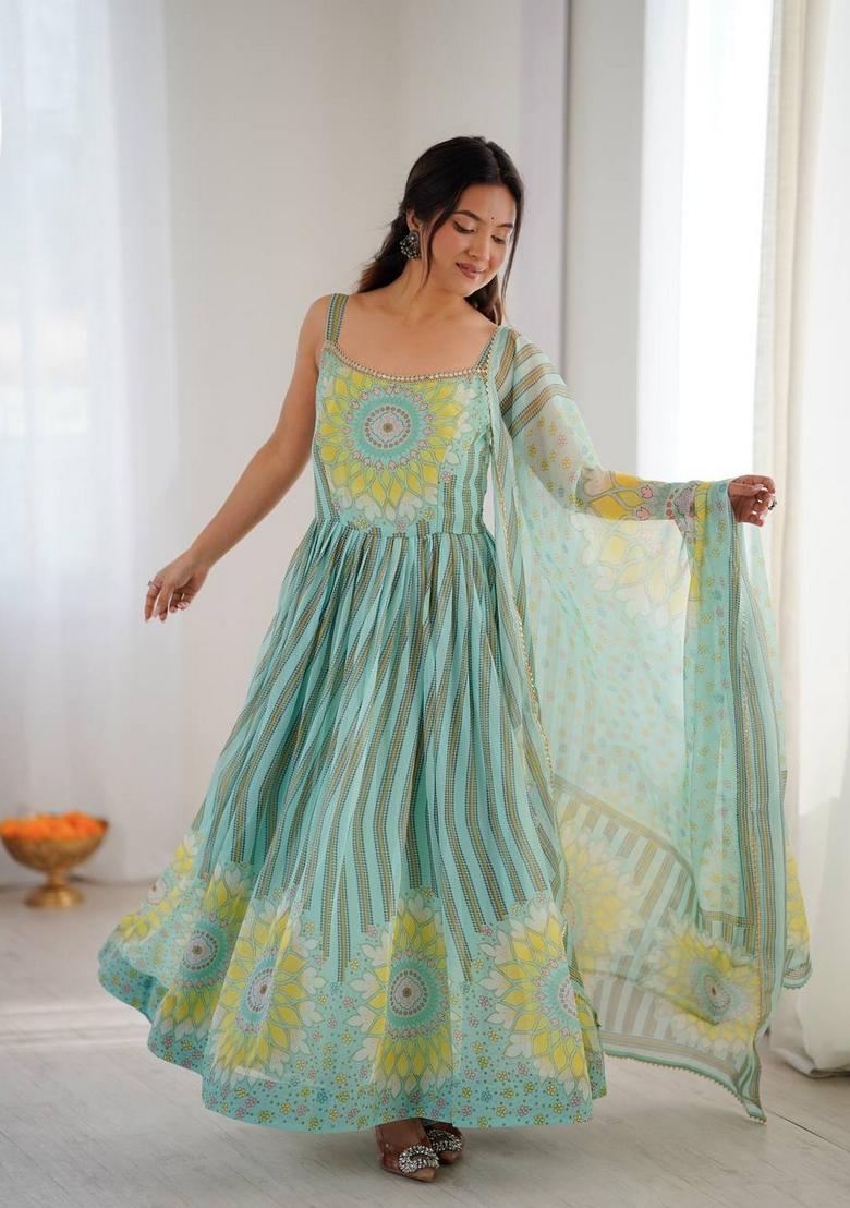 Green Printed Georgette Anarkali Set - Indya