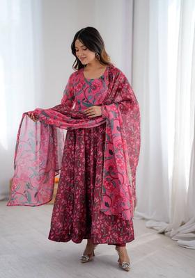 Maroon Printed Silk Kurta Set