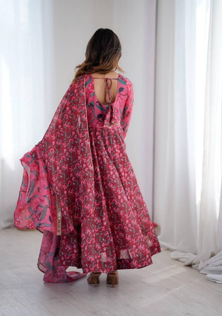 Maroon Printed Silk Anarkali Set - Indya