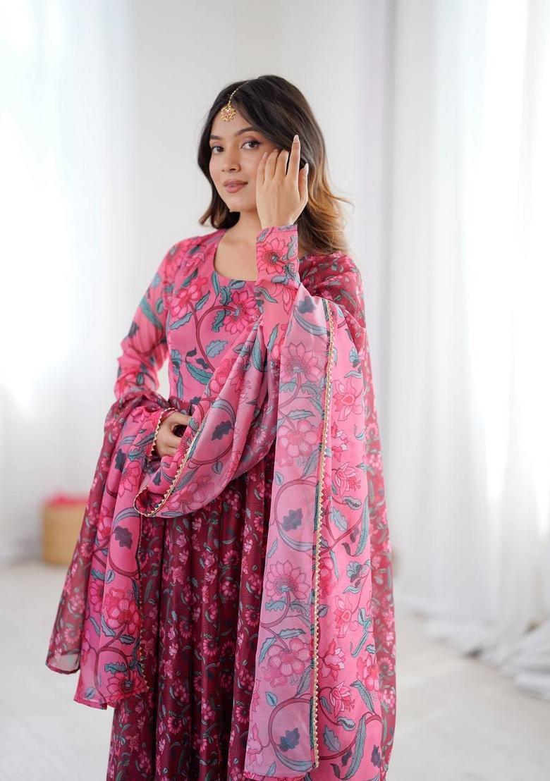 Maroon Printed Silk Anarkali Set - Indya