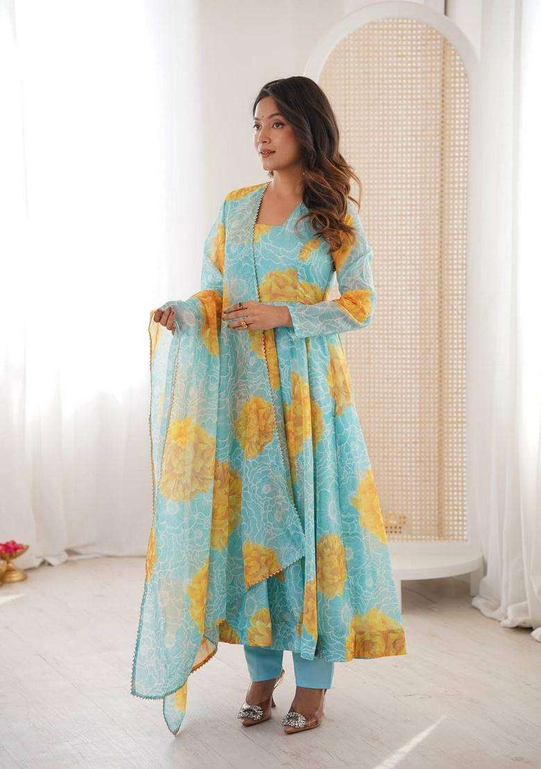Sky Blue Floral Print Silk Blend A Line Kurta Set - Indya