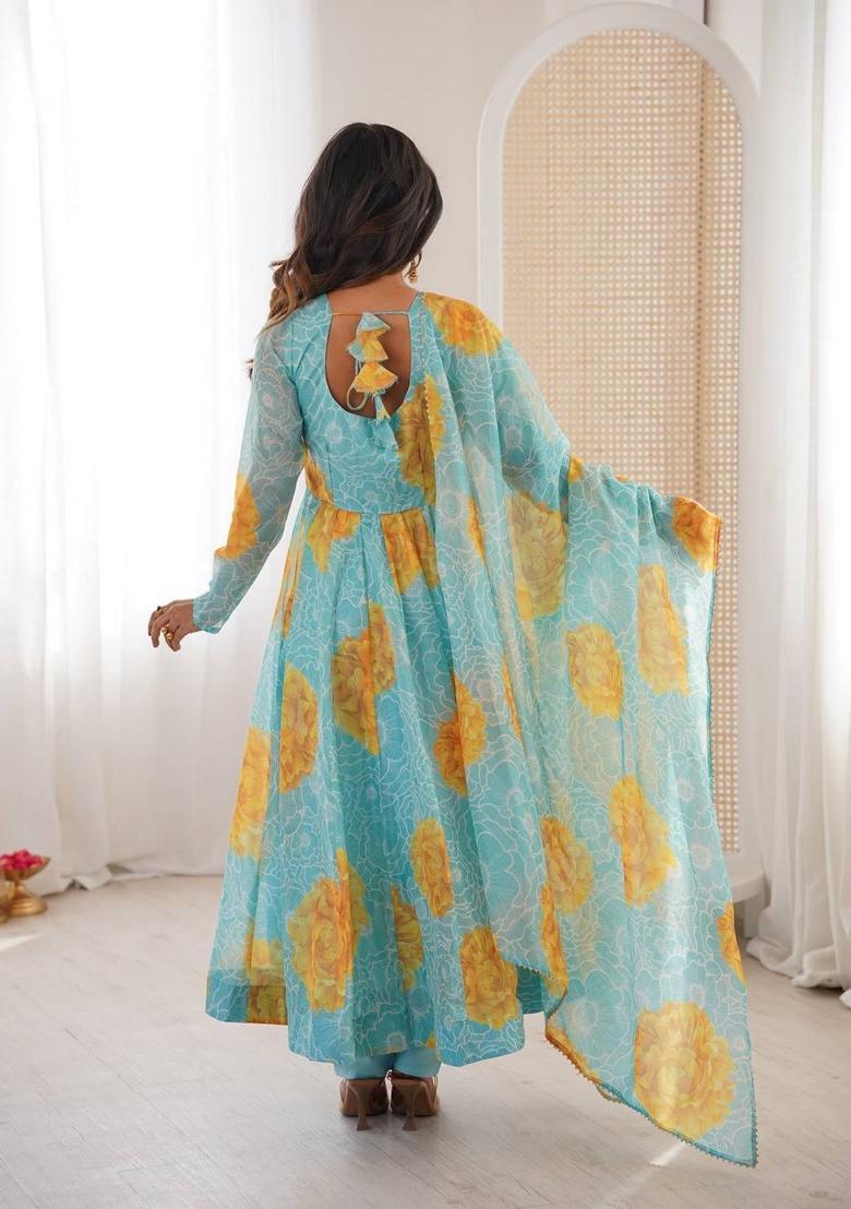 Sky Blue Printed Silk Anarkali Set - Indya