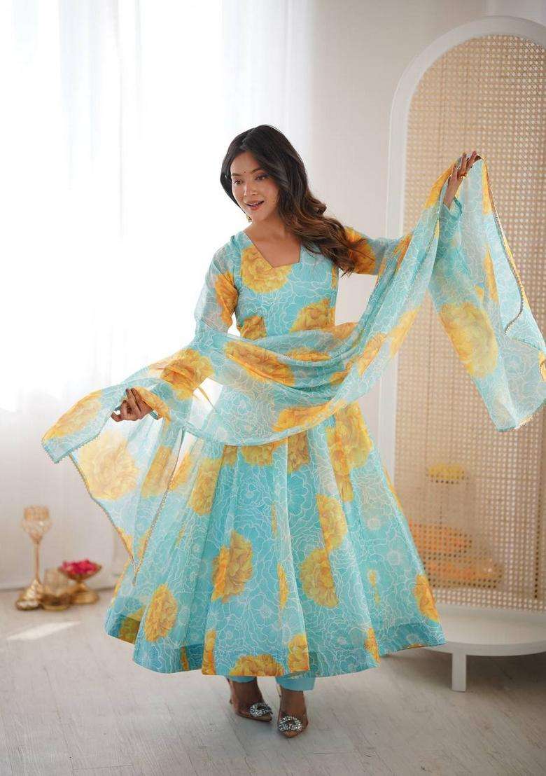 Sky Blue Floral Print Silk Blend A Line Kurta Set - Indya