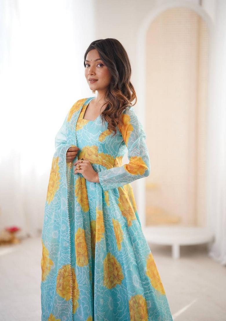 Sky Blue Printed Silk Anarkali Set - Indya