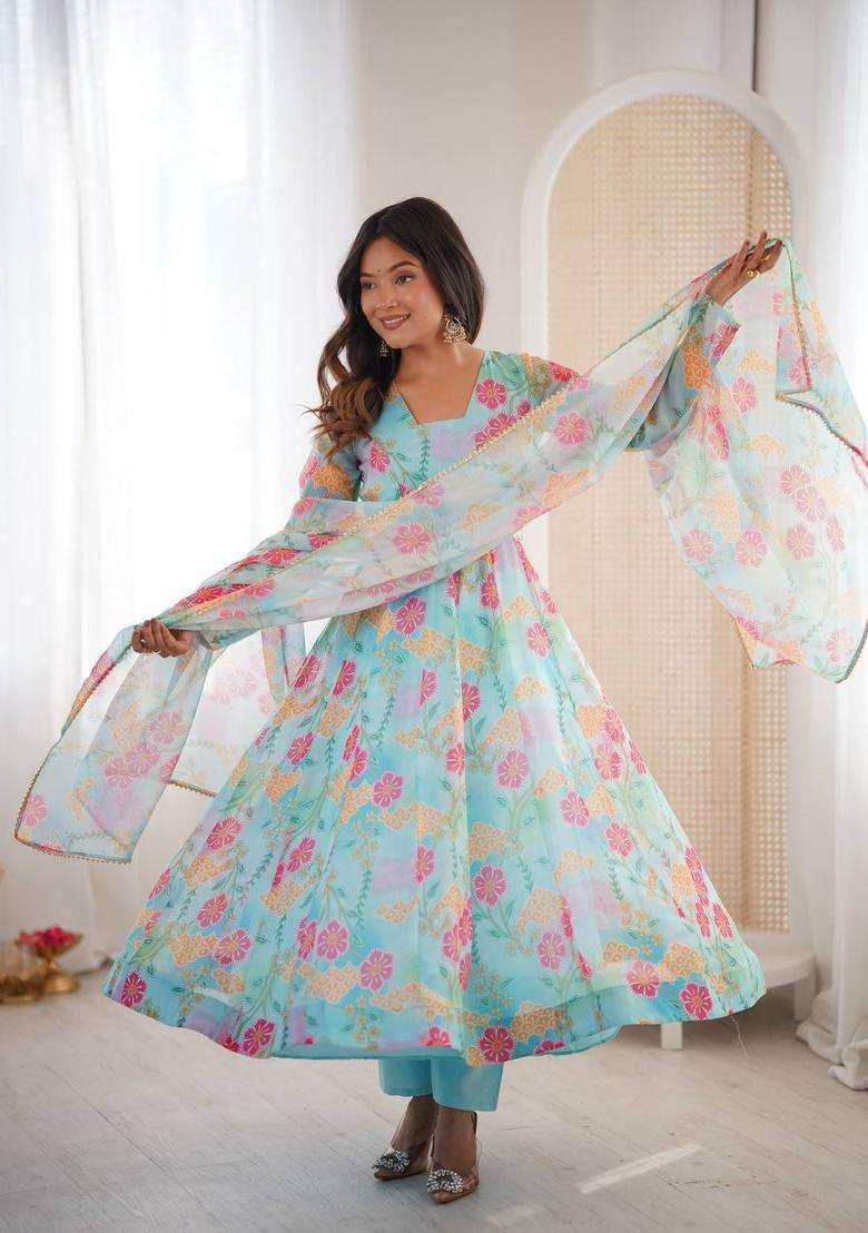 Sky Blue Floral Print Silk Blend Anarkali Set - Indya