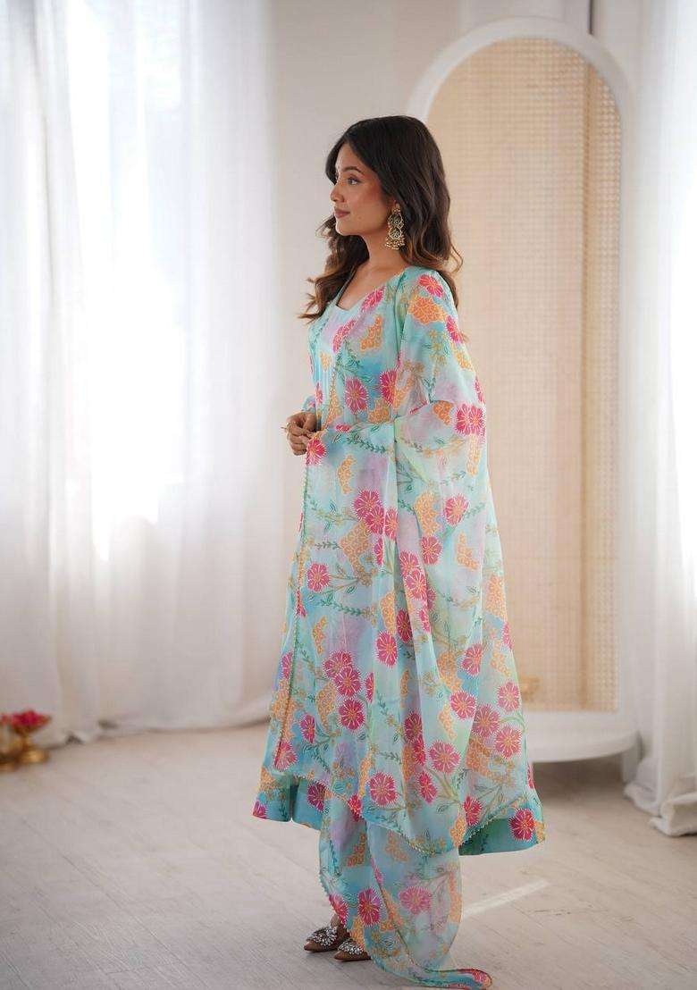 Sky Blue Floral Print Silk Blend Anarkali Set - Indya