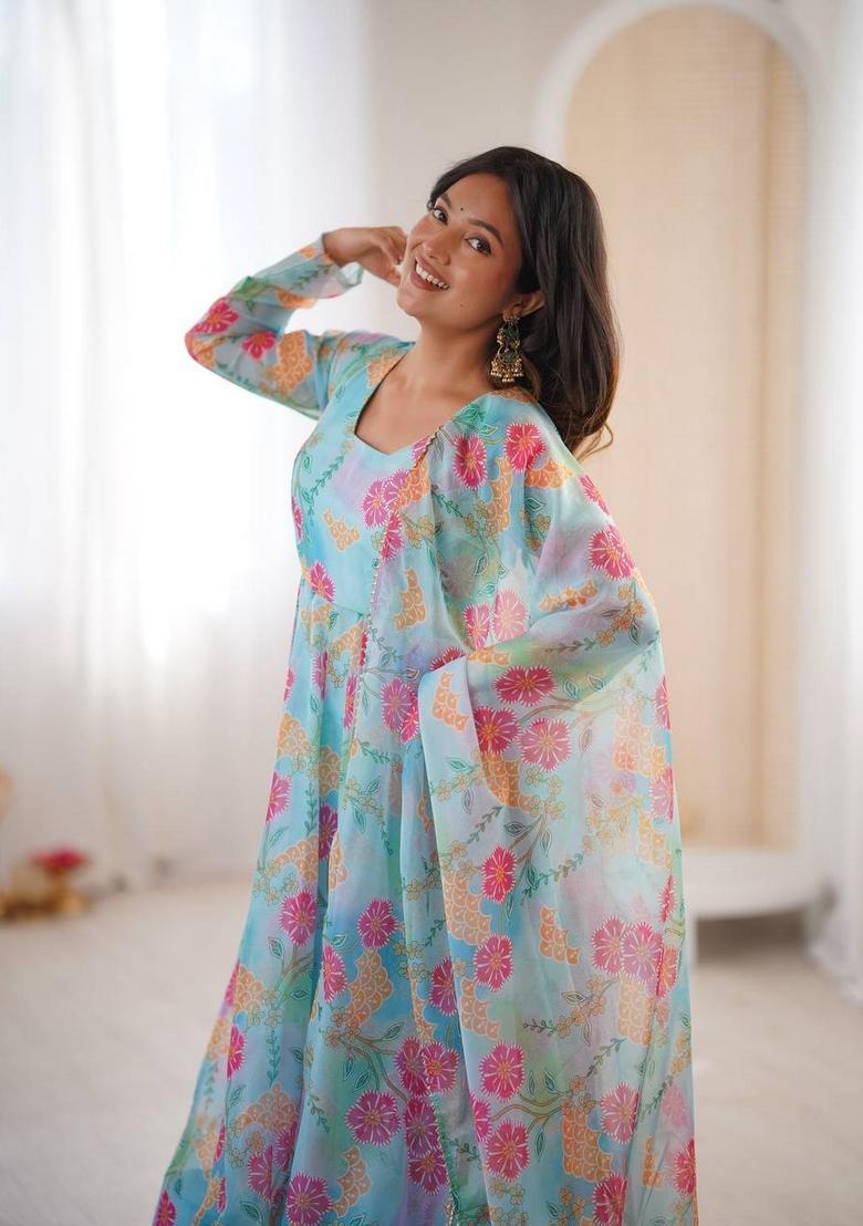 Sky Blue Printed Silk Anarkali Set - Indya