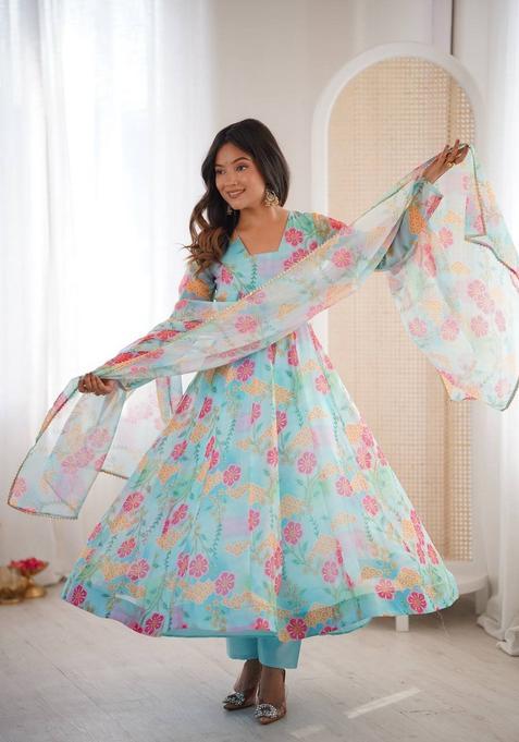 Sky Blue Printed Silk Kurta Set