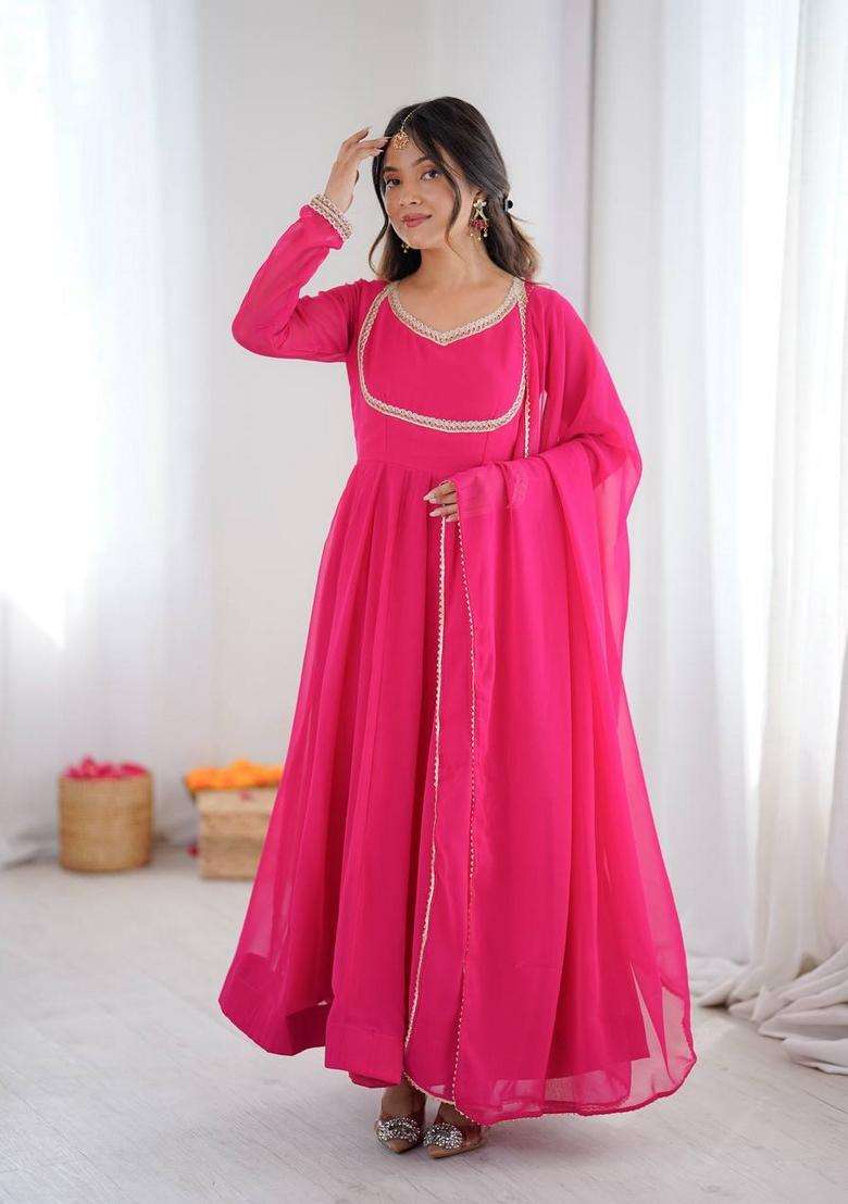 Pink Solid Georgette Anarkali Set - Indya