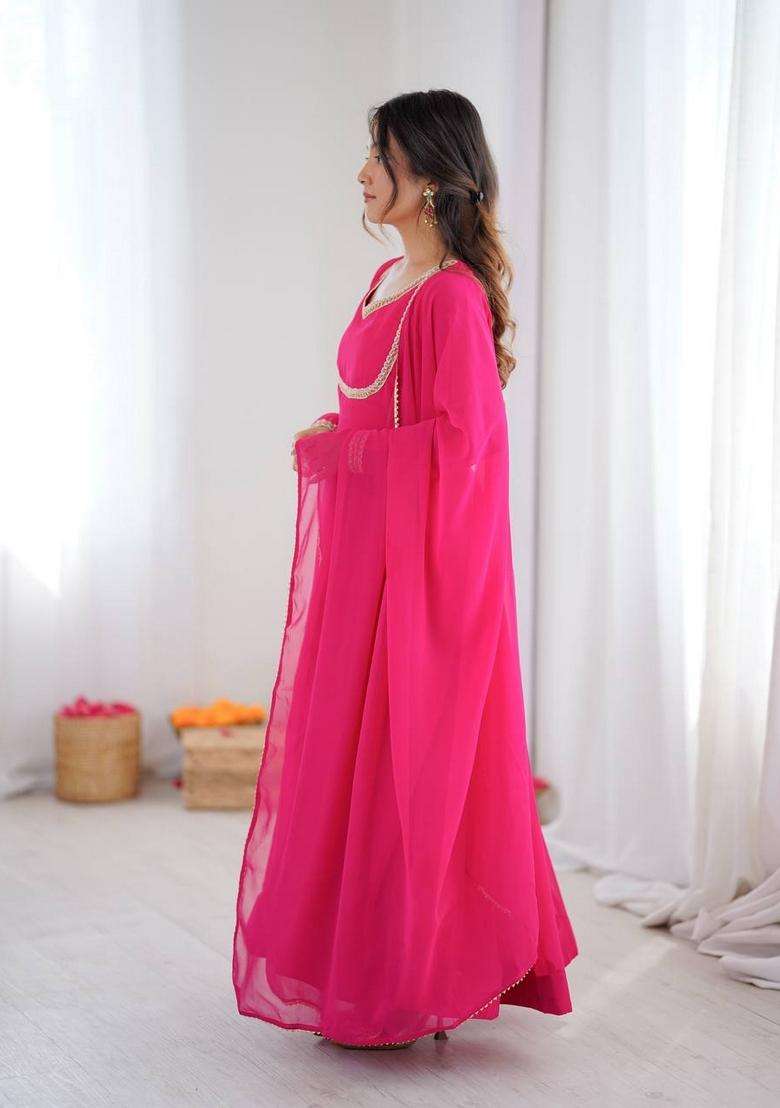 Pink Solid Georgette Anarkali Set - Indya