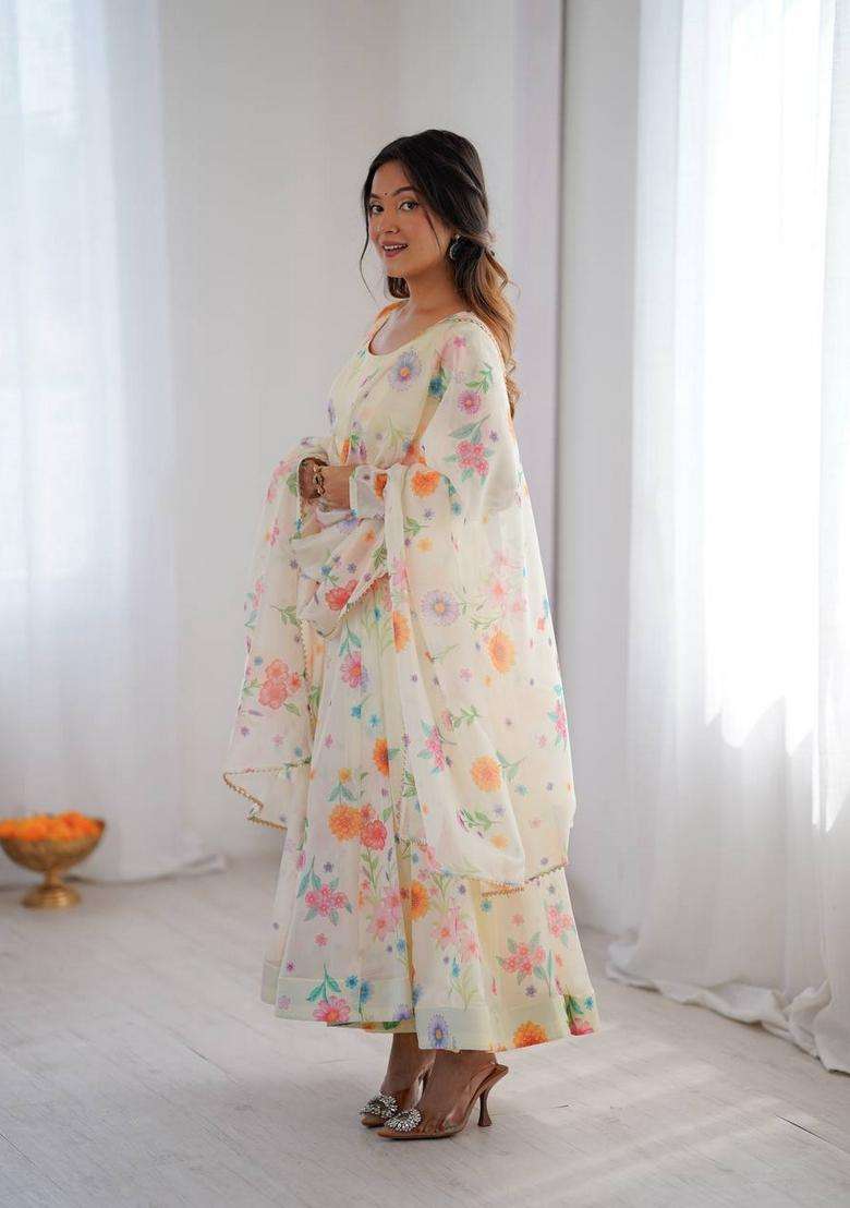 Lemon Floral Print Silk Blend Anarkali Set - Indya